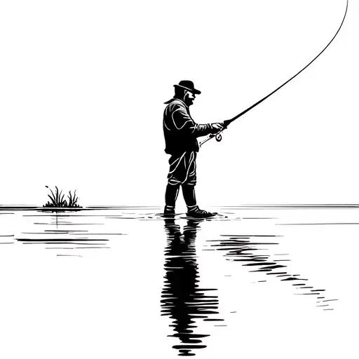 simple outline of a man fly fishing with his reflection in the water tattoo design idea