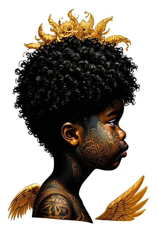 afro latin querubin baby angel boy with tattoos and gold tattoo design idea