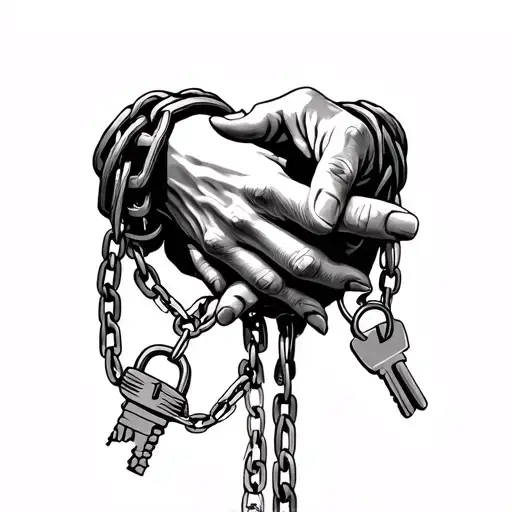 hands together with chains wrapped, lock and key on the end tattoo design idea