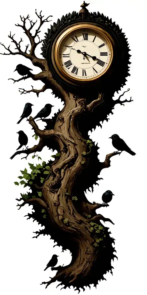 tree with 3 little birds and clock face tattoo design idea