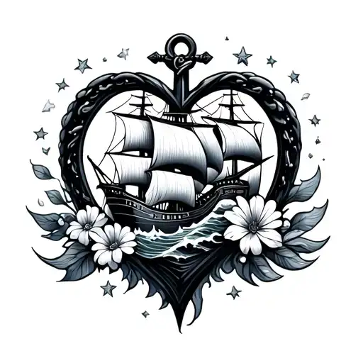 anchor of realistic heart surrounded by waves carrying ship, flower petals, stars tattoo design idea
