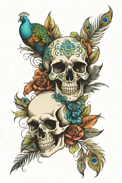 peacock feathers and skull tattoo design idea