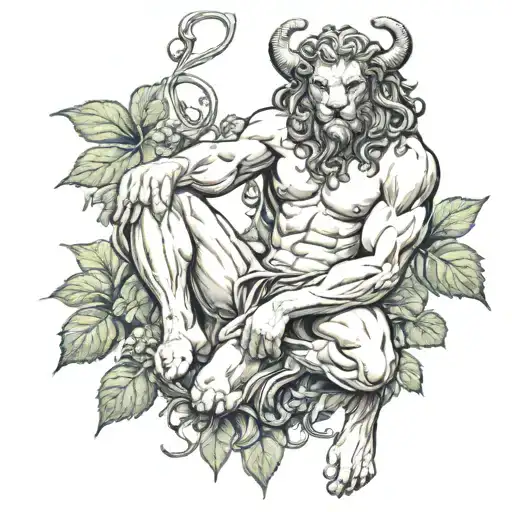 dionysus with ivy vine wrapped around leg into ground panther print loin cloth holding thyrsus  and minotaur horns  tattoo design idea