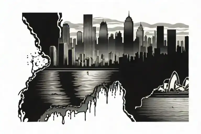 beach with city skyline in the background merging together tattoo design idea
