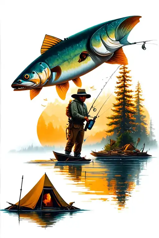 camping and fishing scene tattoo design idea