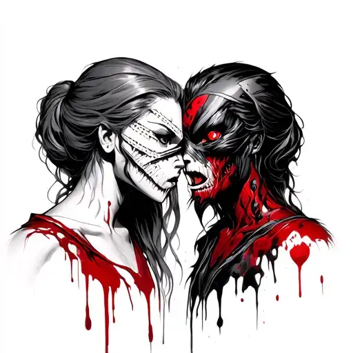 Femis with a bandage in the eyes and Nemesis in the blood after the battle with each other look fiercely at each other tattoo design idea
