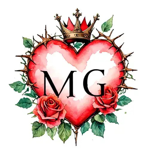 "M G" heart intertwined with roses and thorns with a crown and Gothic letters tattoo design idea