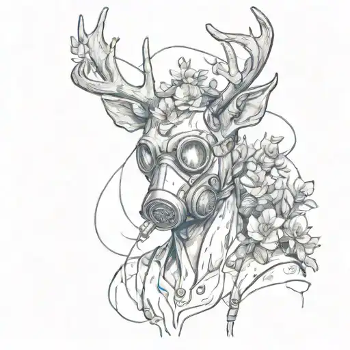 deer with gas mask in a post apocalyptic environment with wounds in his body flowers growing out of them  tattoo design idea