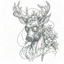 deer with gas mask in a post apocalyptic environment with wounds in his body flowers growing out of them  tattoo design idea