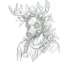 deer with gas mask in a post apocalyptic environment with wounds in his body flowers growing out of them  tattoo design idea