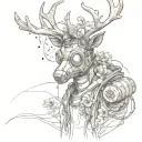 deer with gas mask in a post apocalyptic environment with wounds in his body flowers growing out of them  tattoo design idea