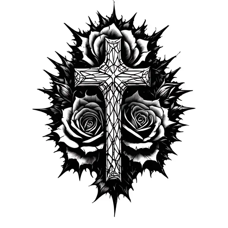 Crosses, roses, spikes, torn edges of the web tattoo design idea