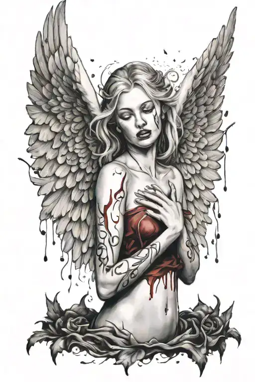 angel crying tears of blood, wings wrapped around exposing her chest. tattoo design idea