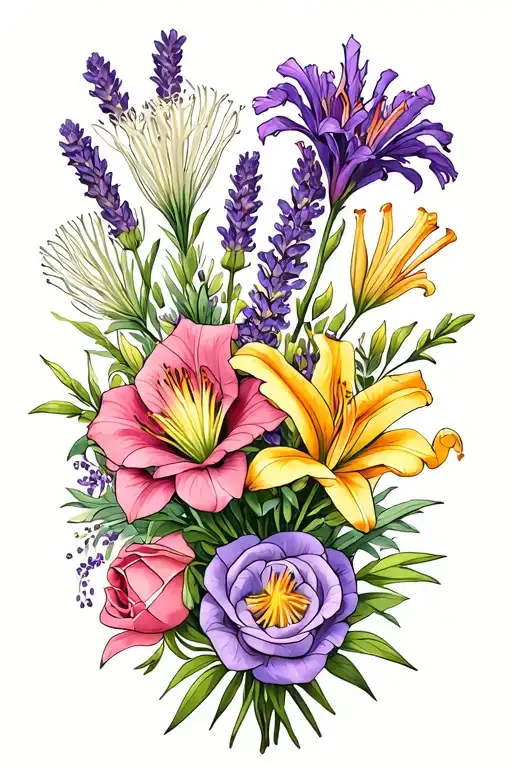 bouquet of Maseratu daylily, lavender rose, gladiolus and fennel tattoo design idea