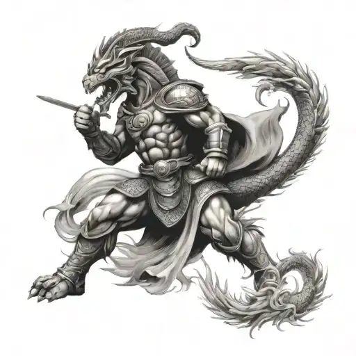 spartan warrior fighting chinese dragon tattoo design idea