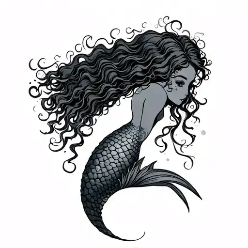 curly hair mermaid tattoo with long tail tattoo design idea