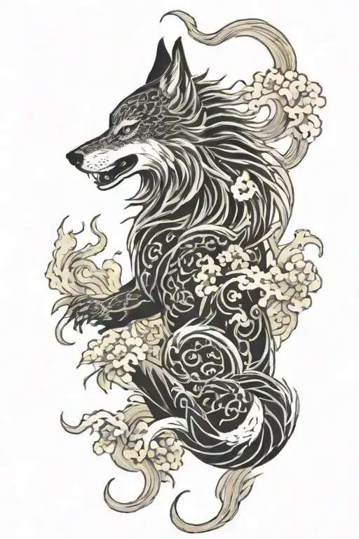 fire wolf style tattoo design idea
