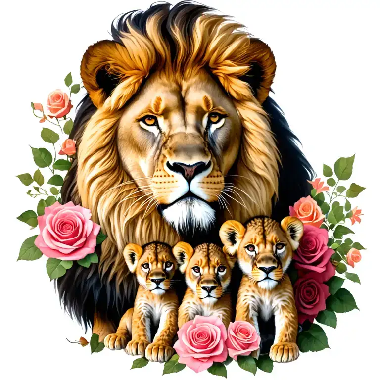lion family father looking over mother and 2 cubs intertwined with roses tattoo design idea