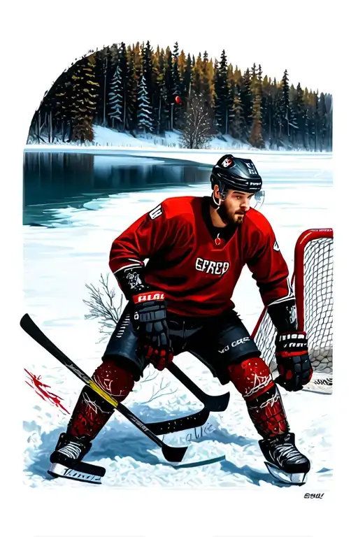 frozen lake in the forest with a hockey goal and a player tattoo design idea