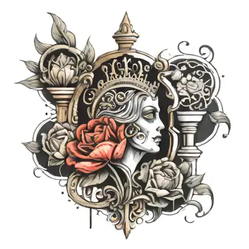 create a tattoo that has a queen of hearts, a bouquet of flowers surrounded by tulips, roses, a damaged Roman pillar, so tattoo design idea