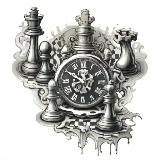 chess pieces, time clock melting, betting everything, king tattoo design idea