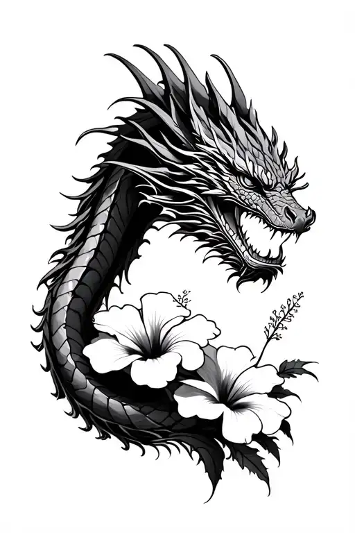 Dragon and hibiscus flower. Make it unique and unforgettable. I want only flowers to be in colour  tattoo design idea