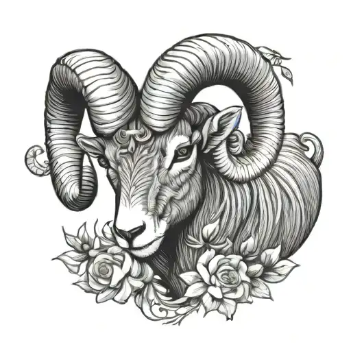 half aries ram head with honeysuckle flowers growing tattoo design idea