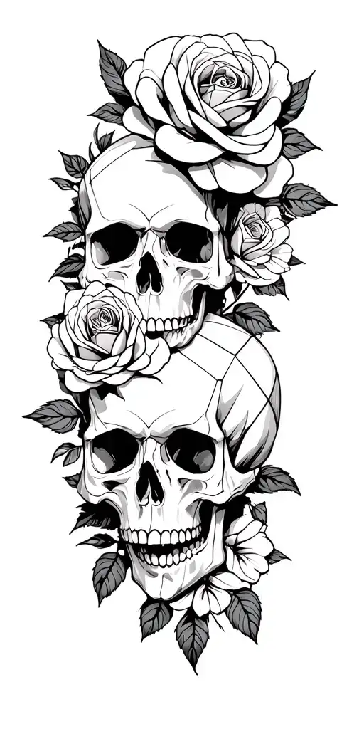 Skulls and roses blooming tattoo design idea