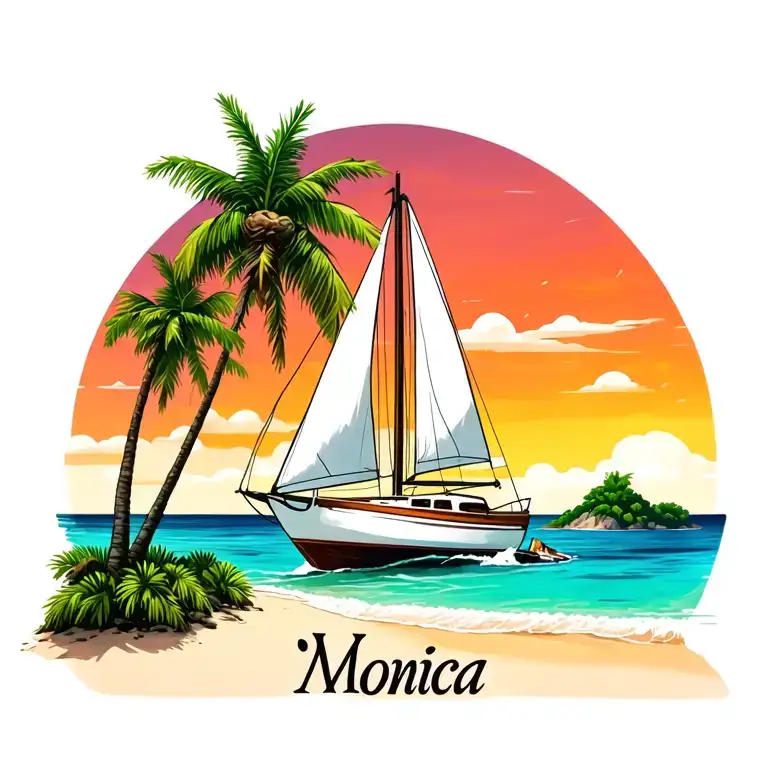 "Monica" foreground white sailboat, sunrise sky small background distant island 2 palm tree  ocean vibrant beach tattoo design idea