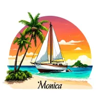 "Monica" foreground white sailboat, sunrise sky small background distant island 2 palm tree  ocean vibrant beach tattoo design idea