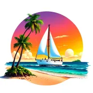 "Monica" foreground white sailboat, sunrise sky small background distant island 2 palm tree  ocean vibrant beach tattoo design idea