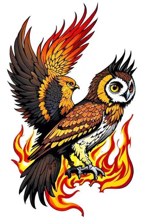 owl and phoenix rising from flames tattoo design idea