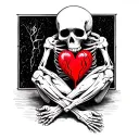 realistic skeleton crying siting down holding a broken heart tattoo design idea