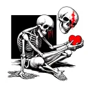 realistic skeleton crying siting down holding a broken heart tattoo design idea