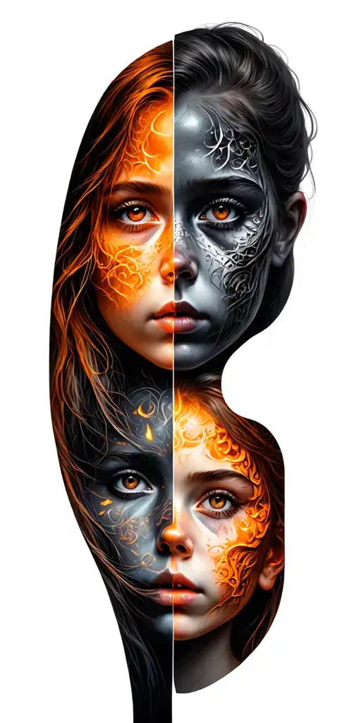 Faces of girls shared in half half are lit by orange shades one of them demon another angel tattoo design idea
