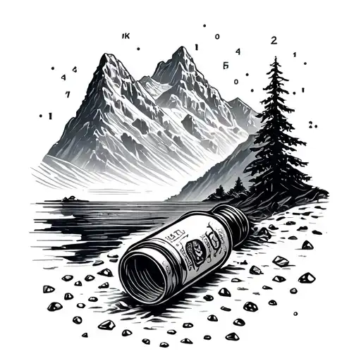 A hidden Morse code message woven into a mountain landscape, with a bottle buried in the foreground and gems scattered around tattoo design idea