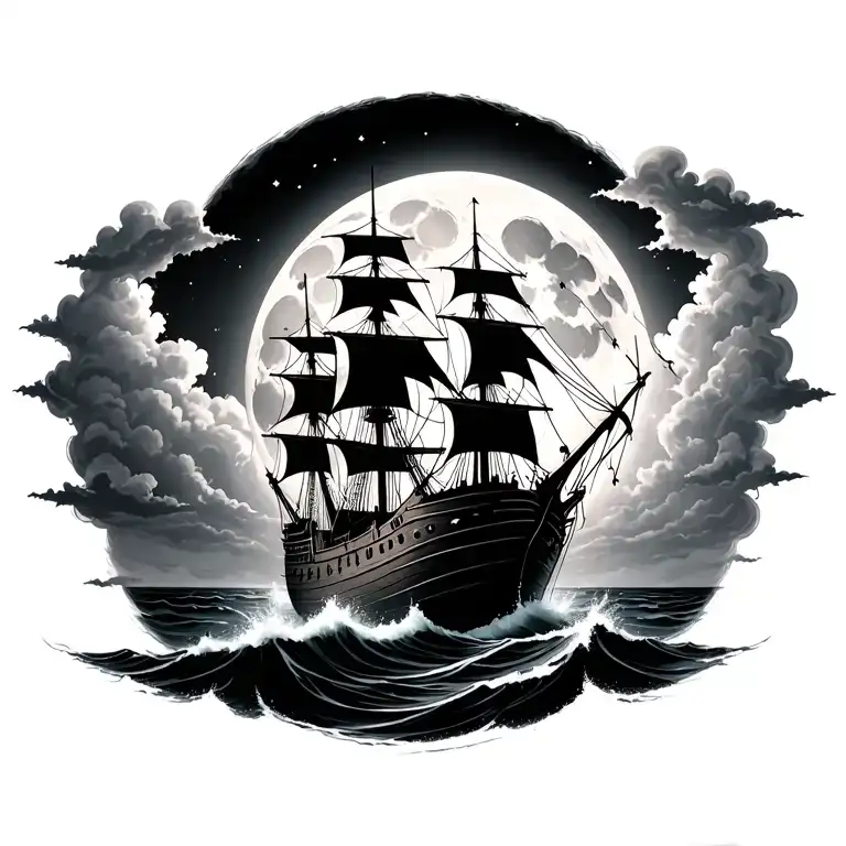 stormy sea with wooden ship moon shining through darkness and clouds  tattoo design idea