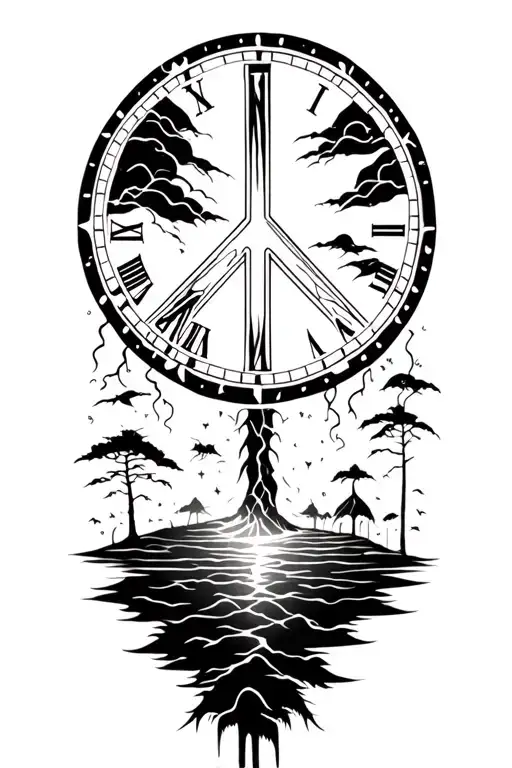 peace and lightining storm and time and nature tattoo design idea