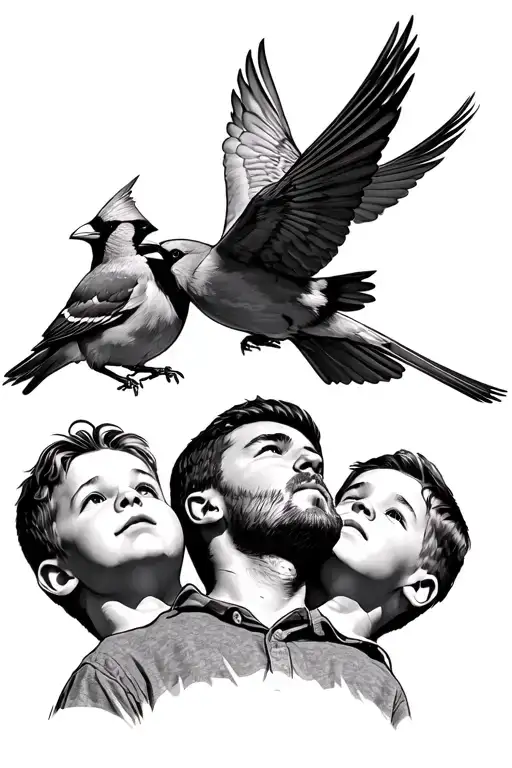 dad with two sons looking up at two cardinals flying tattoo design idea