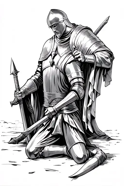 Templar knight kneeling before god after then end of war tattoo design idea