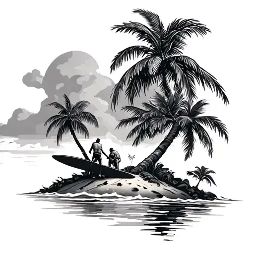 Island with palm and two males with a surfboard in hand tattoo design idea