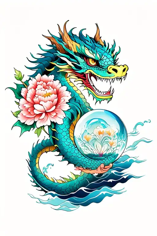 dragon holding crystal ball with peonies and water waves  tattoo design idea