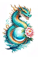 dragon holding crystal ball with peonies and water waves  tattoo design idea