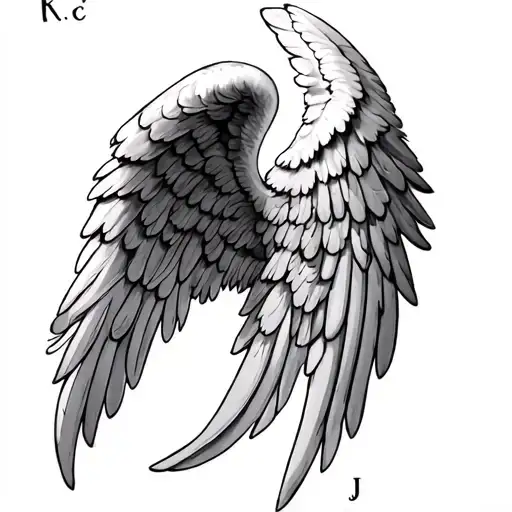 Angel wing with sentence far from my eyes close to my heart and the initials r and j tattoo design idea
