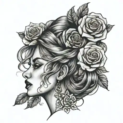 girls face with three roses in her hair tattoo design idea
