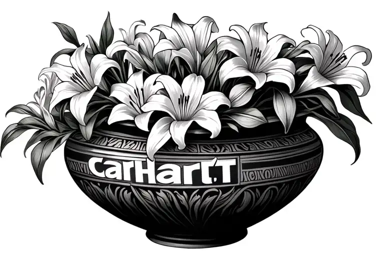 Anthic Greek vase in height with carhartt logo patterns and filled lily flowers tattoo design idea