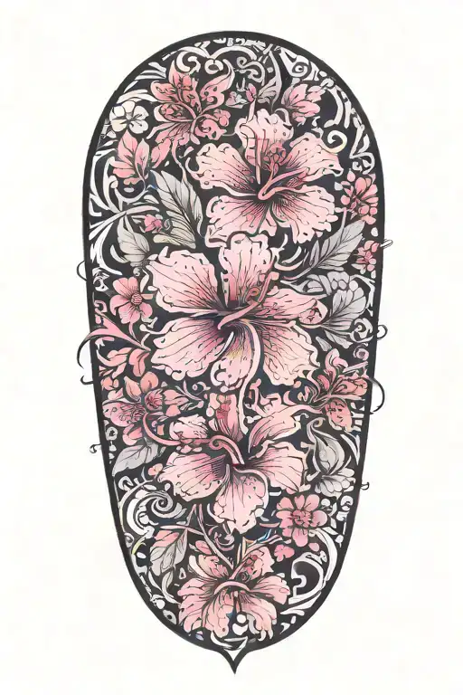 wrist to elbow sleeve with hibiscus flowers and lots of cherry blossoms with a cut out cross in the middle tattoo design idea