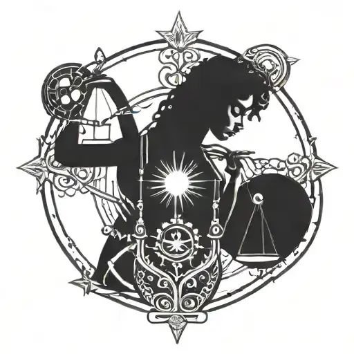 A celestial-themed tattoo incorporating elements of the Libra zodiac sign and black goddess imagery tattoo design idea