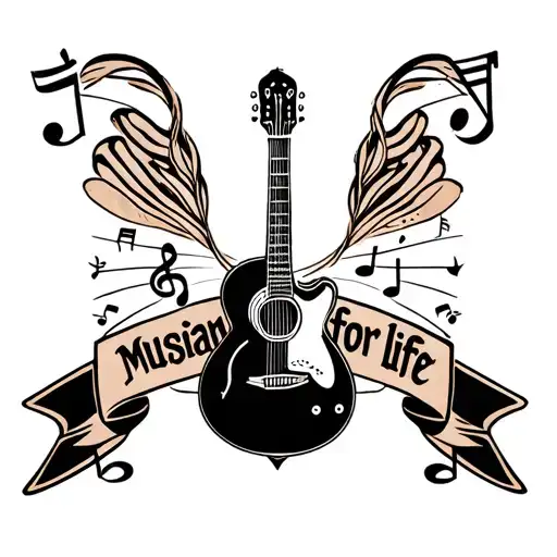 A traditional tattoo of a guitar surrounded by musical notes and a banner that says 'Musician for life' tattoo design idea