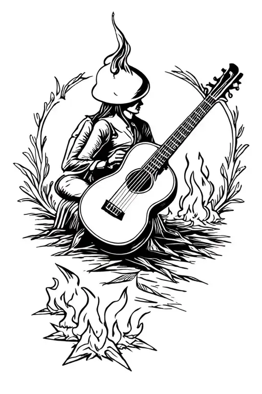 fiddle and guitar and campfire tattoo design idea
